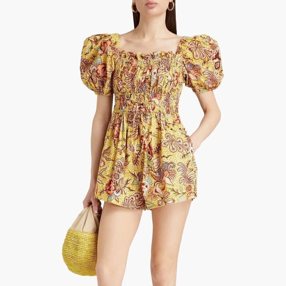 Ulla Johnson Arlo shirred printed cotton-poplin playsuit romper in marigold